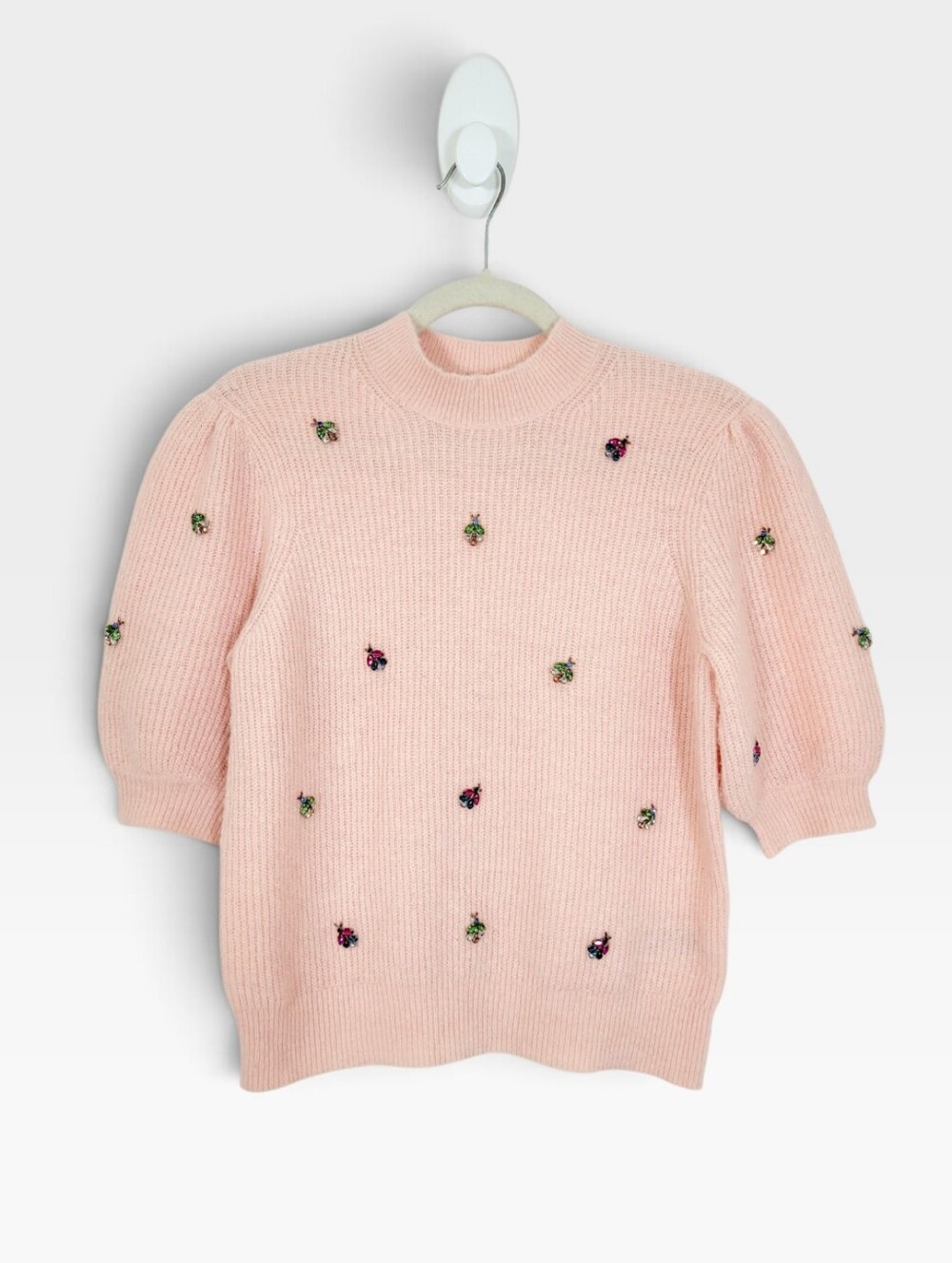 BODEN Insect Jeweled Embellished Pale Pink Short Puff Sleeve Sweater Small - Picture 2 of 10